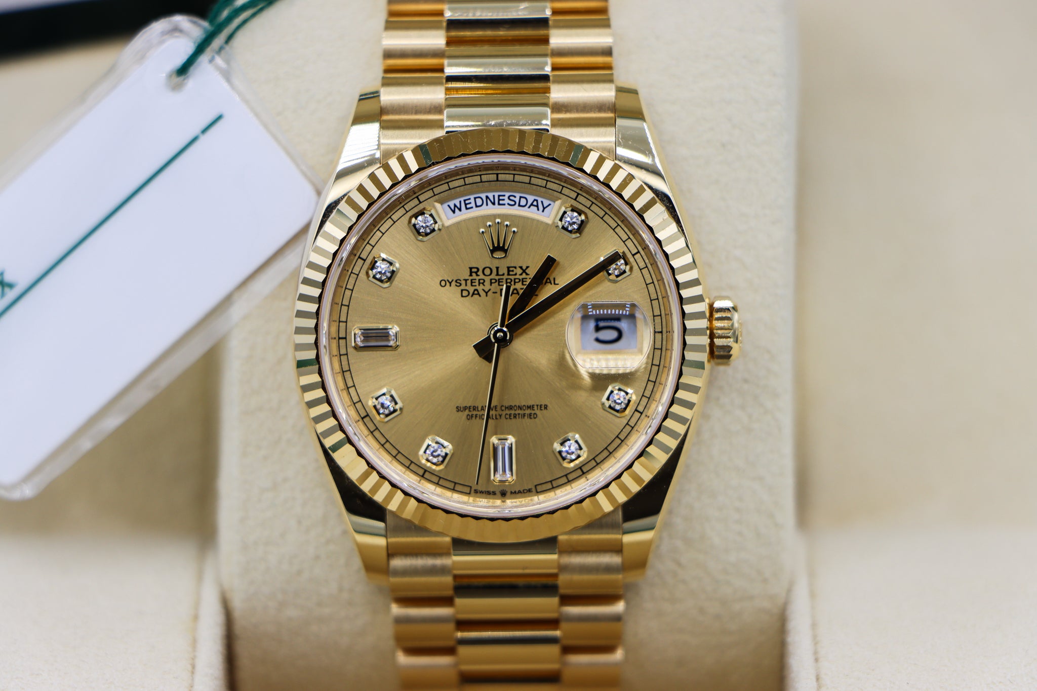 Rolex | Day-Date 36 Diamond Hour Markers | 128238 Close Up in Box