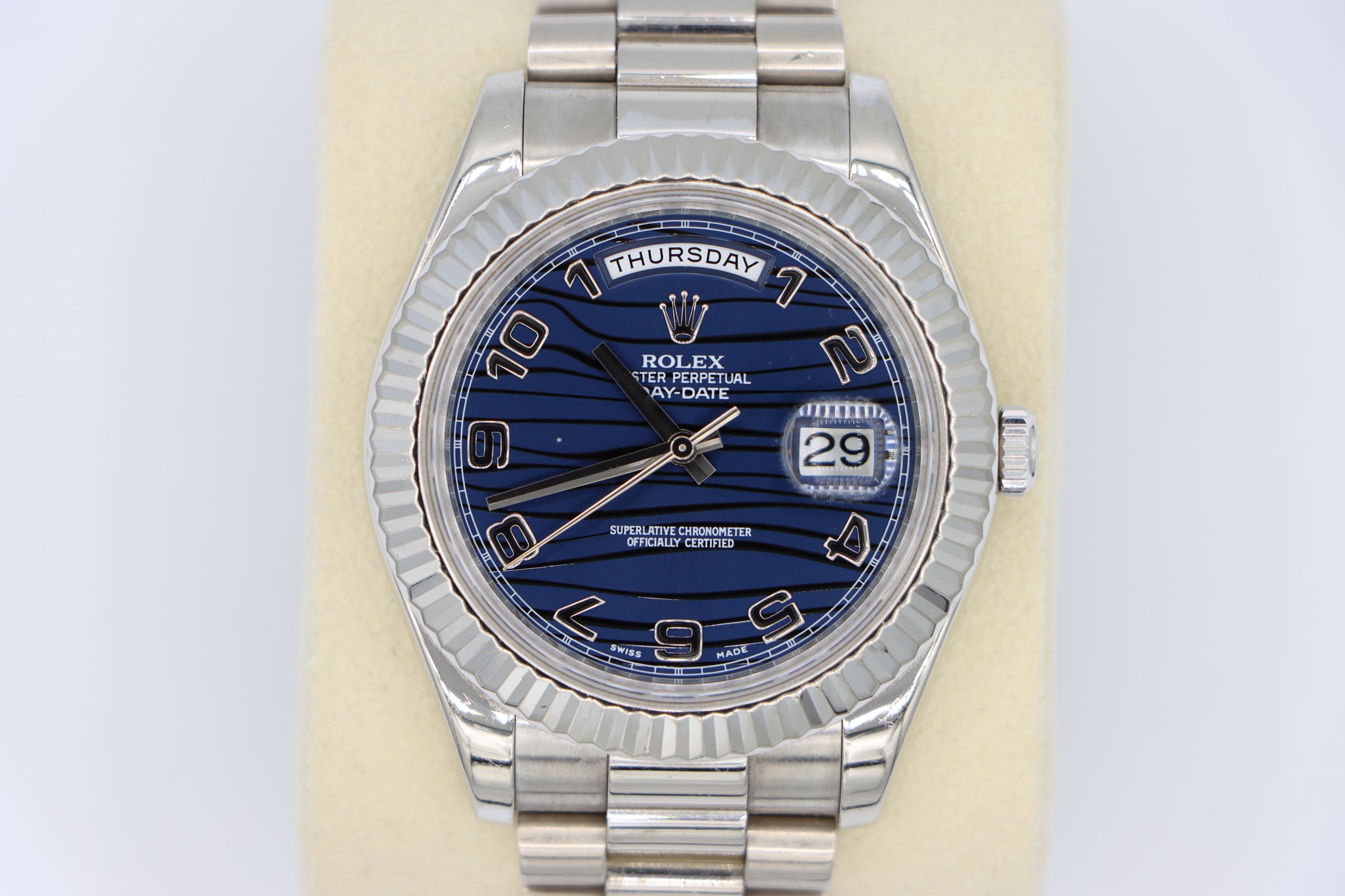 Rolex | Day-Date 41 Wave Blue Dial | 218239 Close Up