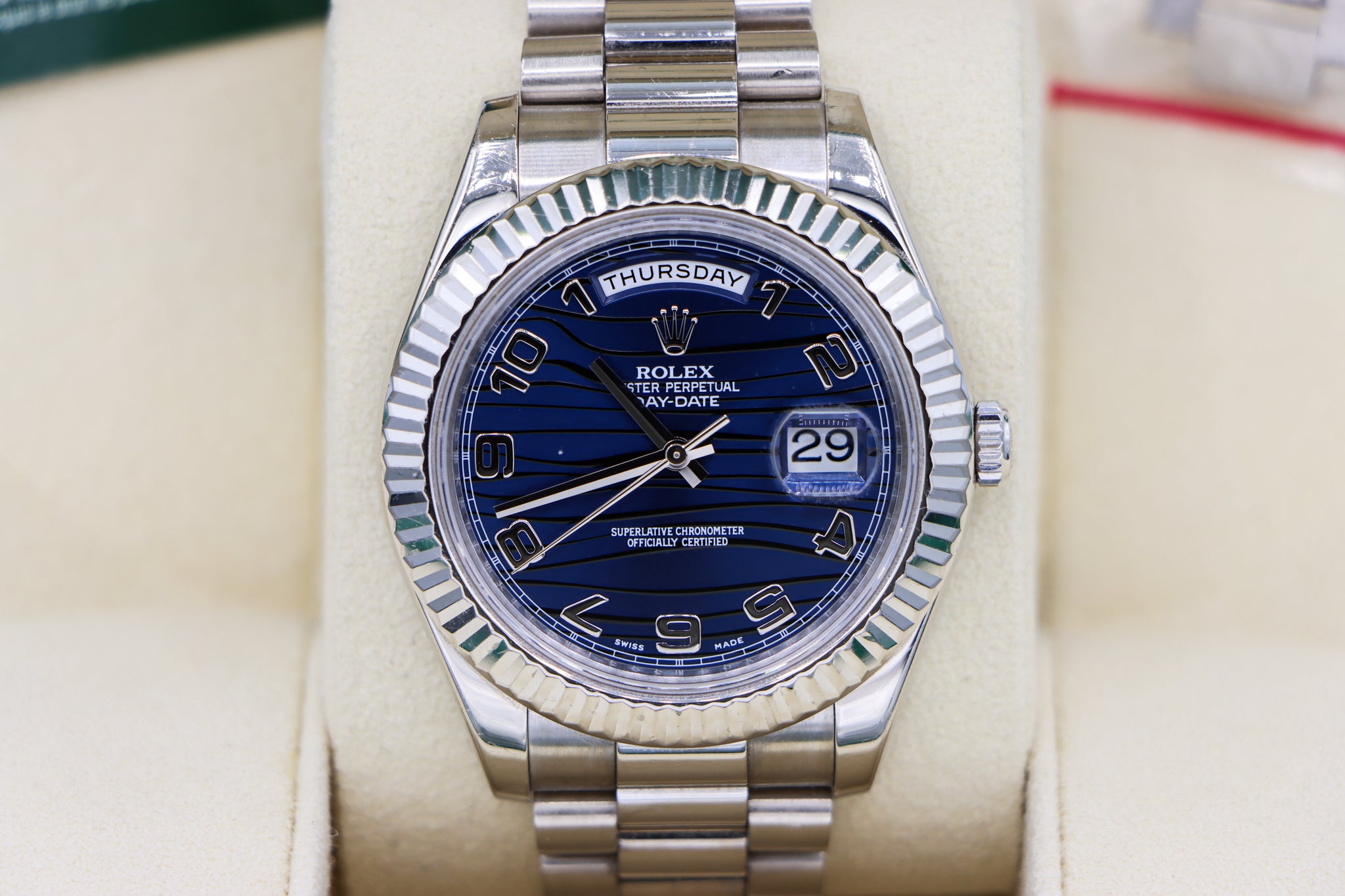 Rolex | Day-Date 41 Wave Blue Dial | 218239 Close Up in Box