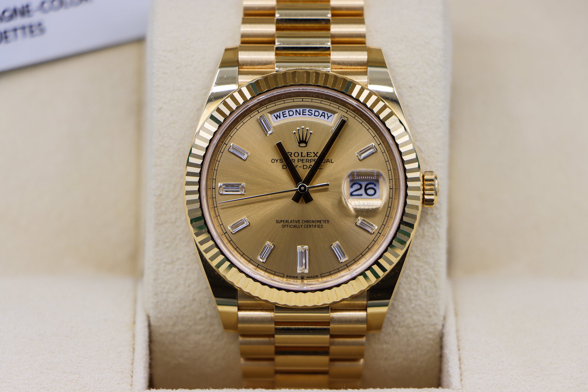Rolex | Day-Date Baguette Hour Markers | 228238 Close up in Box
