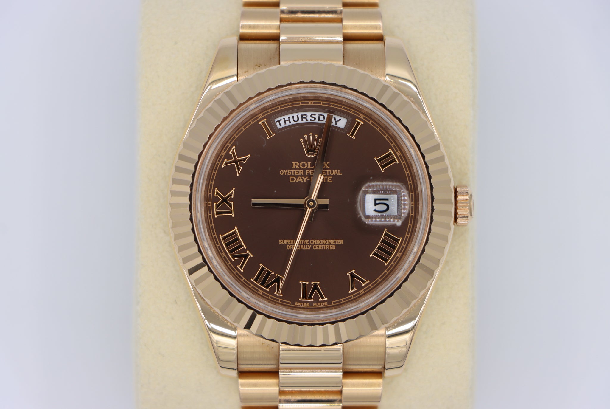 Rolex Day-Date II President Rose Gold Chocolate Brown Dial 41mm 218235 Close Up
