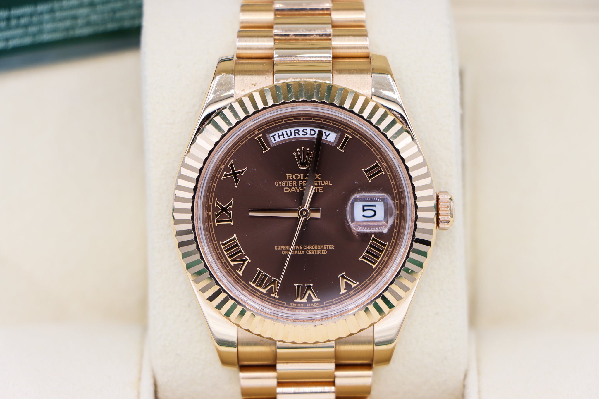 Rolex Day-Date II President Rose Gold Chocolate Brown Dial 41mm 218235 Close Up in Box