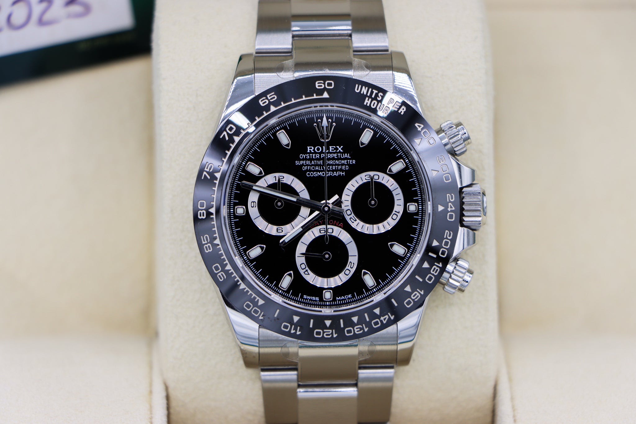 Rolex | Daytona Black Dial | 116500LN Close Up in Box