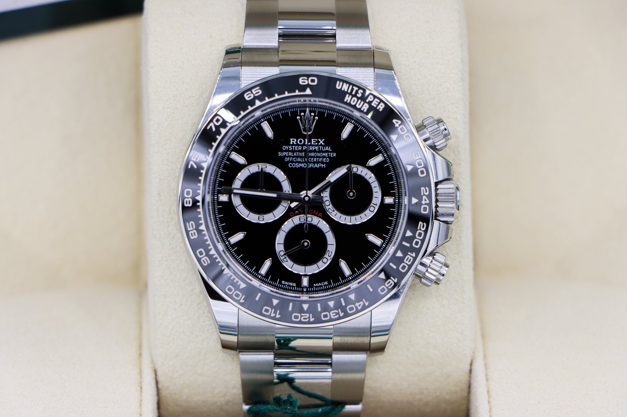 Rolex | Daytona Black Dial (Tags) | 116500LN Close up in Box