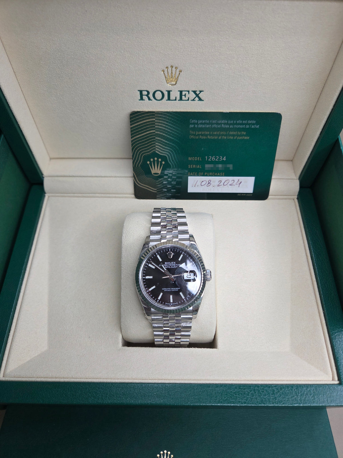 Rolex Datejust 36mm – Stainless Steel – Black Dial – Fluted Bezel – Jubilee Bracelet – 126234
