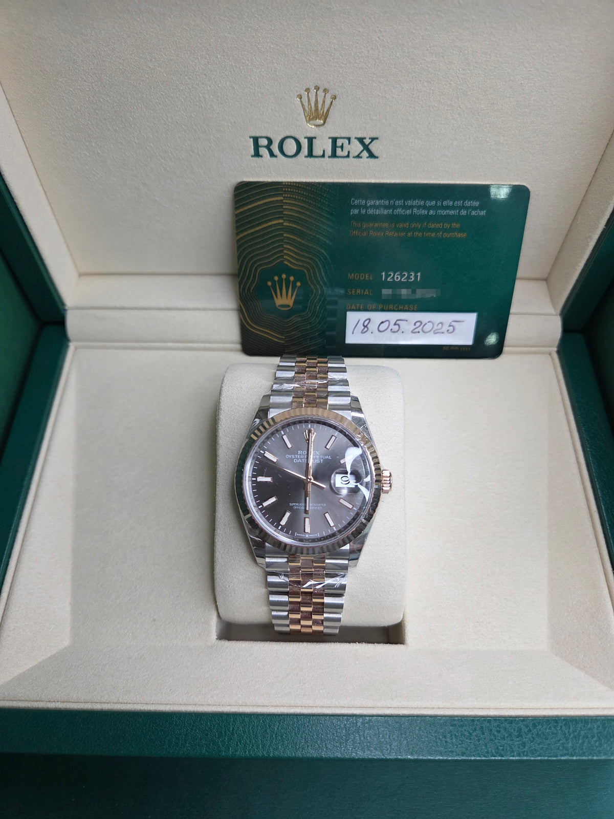 Rolex Datejust 36mm – Two‑Tone Everose Gold & Stainless Steel – Dark Rhodium Dial – Fluted Bezel – Jubilee Bracelet – 126231
