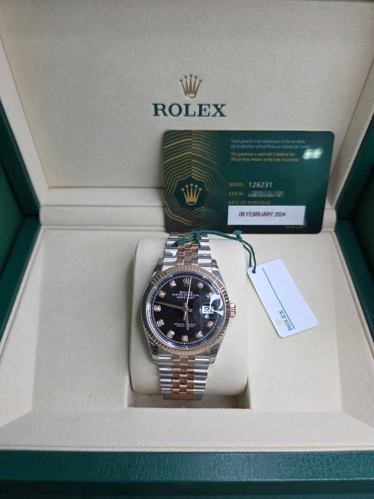 Rolex Datejust 36mm – Two‑Tone Everose Gold & Stainless Steel – Black Diamond Dial – Fluted Bezel – Jubilee Bracelet – 126231