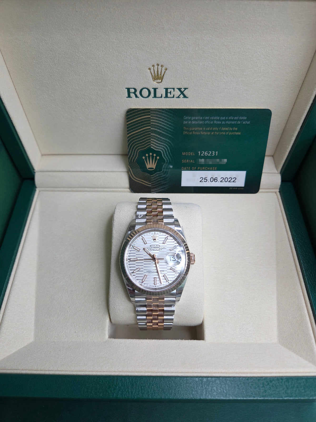 Rolex Datejust 36mm – Two‑Tone Everose Gold & Stainless Steel – White Motif Dial – Fluted Bezel – Jubilee Bracelet – 126231