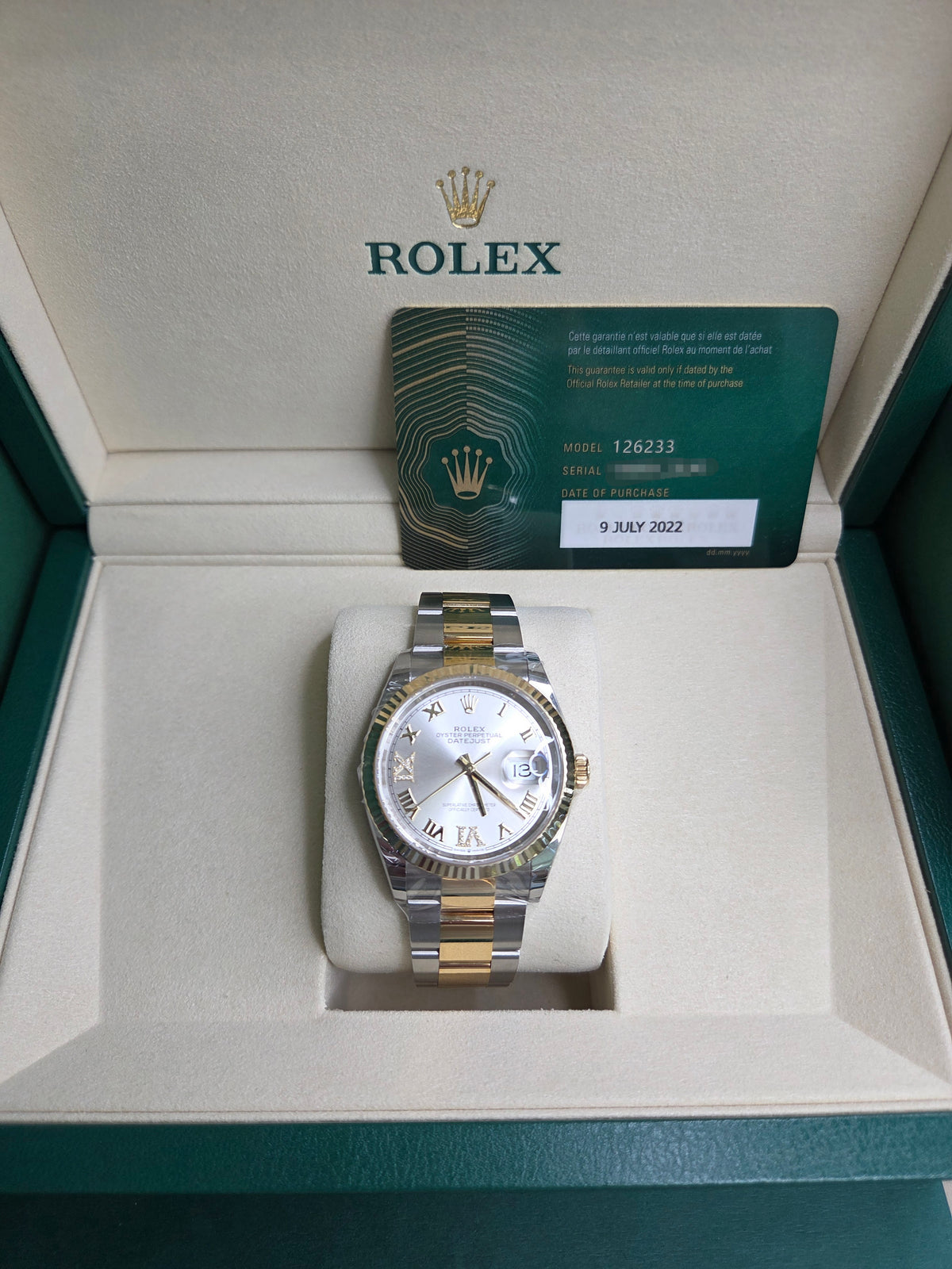 Rolex Datejust 36mm – Two-Tone Yellow Gold & Stainless Steel – Silver Roman Diamond 6 & 9 Dial – Fluted Bezel – Oyster Bracelet – 126233
