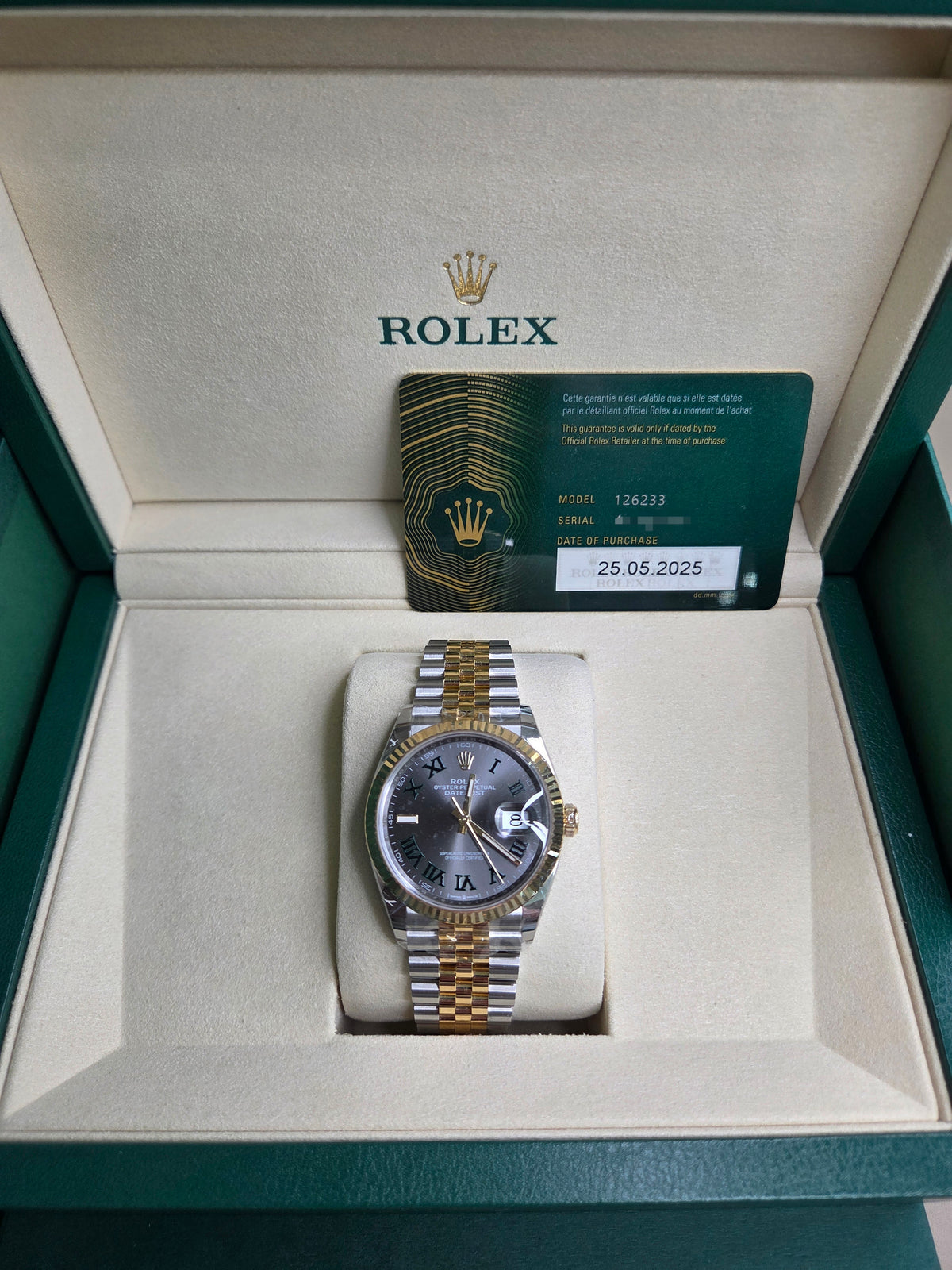Rolex Datejust 36mm – Two-Tone Yellow Gold & Stainless Steel – Wimbledon Dial – Fluted Bezel – Jubilee Bracelet – 126233