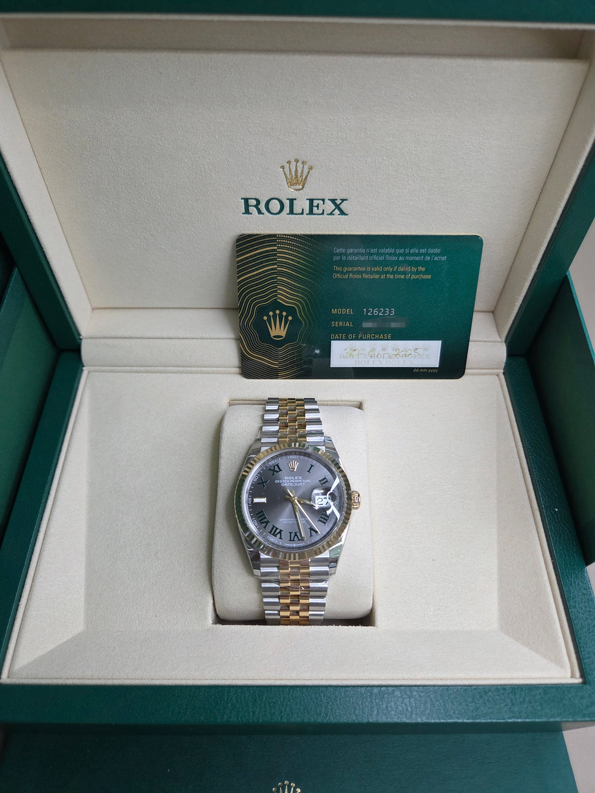 Rolex Datejust 36mm – Two-Tone Yellow Gold & Stainless Steel – Wimbledon Dial – Fluted Bezel – Jubilee Bracelet – 126233