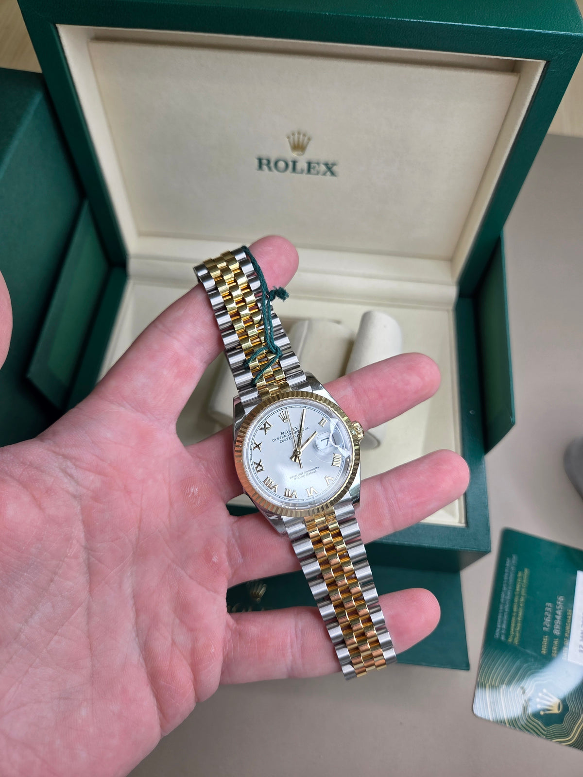 Rolex Datejust 36mm – Two‑Tone Yellow Gold & Stainless Steel – White Roman Dial – Fluted Bezel – Jubilee Bracelet – 126233