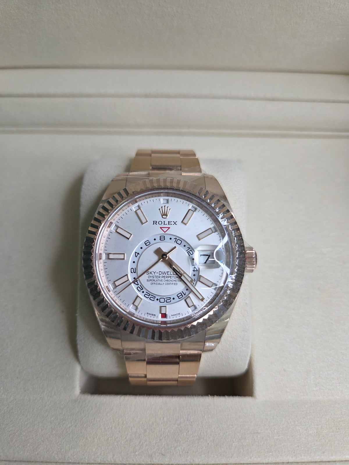 Rolex Sky-Dweller 42mm - Everose Gold - White Index Dial - Fluted Bezel - Oyster Bracelet - 326935