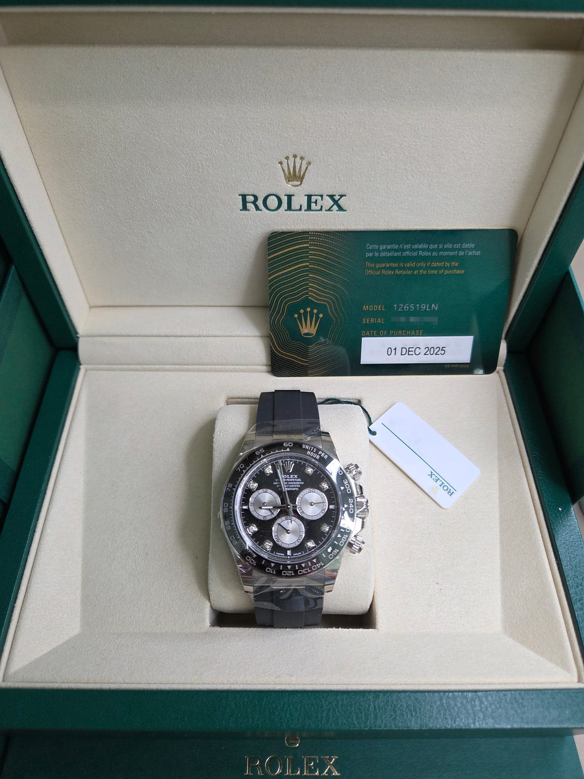 Rolex Cosmograph Daytona 40mm - White Gold - Black And Steel Diamond Dial - Black Ceramic Bezel - Oysterflex Strap - 126519LN