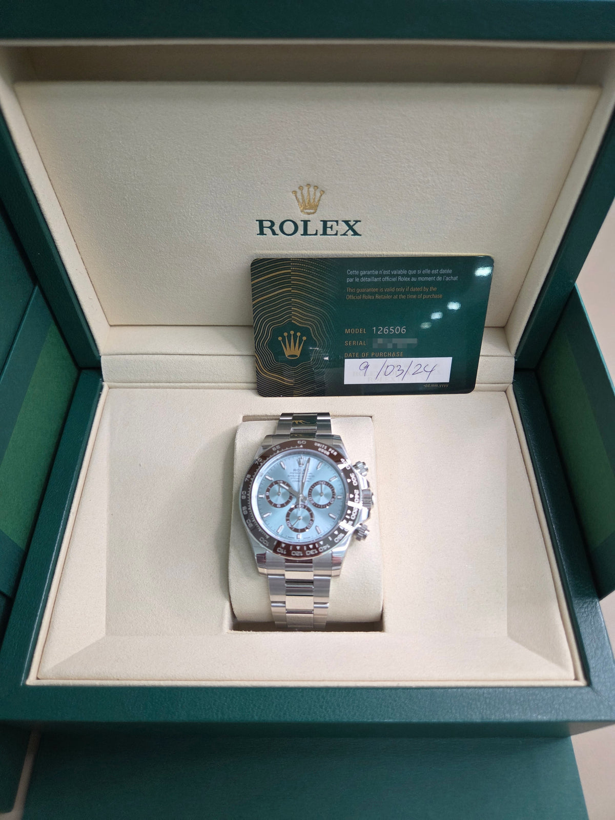 Rolex Cosmograph Daytona “Platona” 40mm – Platinum – Ice Blue Dial – Chestnut Brown Ceramic Bezel – Oyster Bracelet – 126506