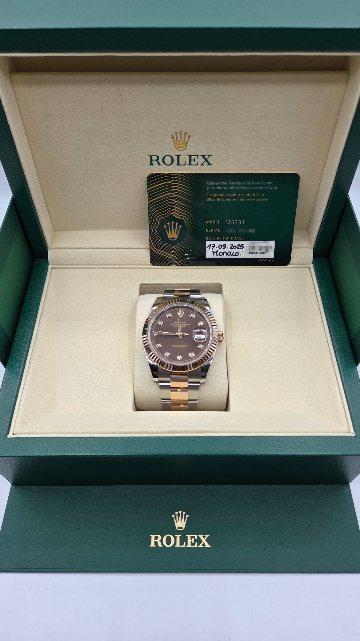 Rolex Datejust 41mm – Two-Tone Rose Gold & Stainless Steel – Chocolate Diamond Dial – Fluted Bezel – Oyster Bracelet – 126331