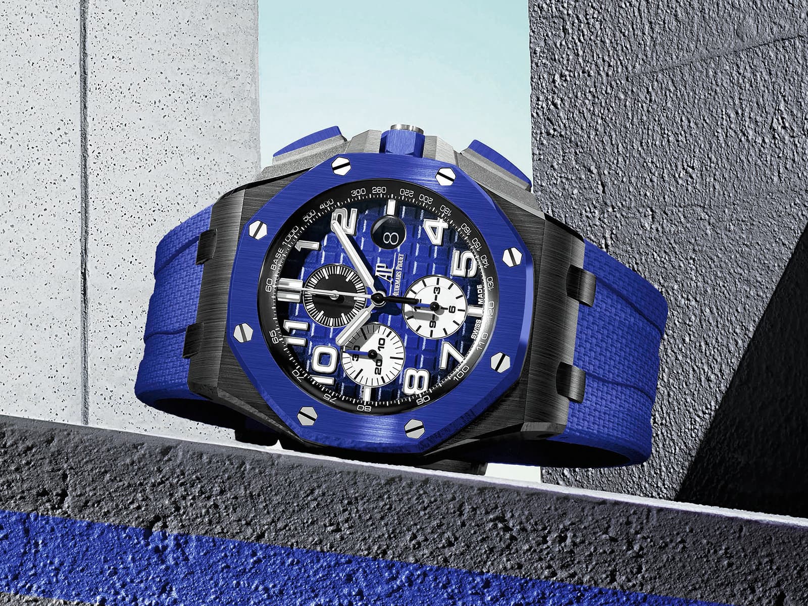 Audemars Piguet Royal Oak Offshore Chronograph 44mm – Black Ceramic – Blue Méga Tapisserie Dial – Blue Ceramic Bezel – Blue Rubber Strap – 26405CE.OO.A030CA.01 – 2023