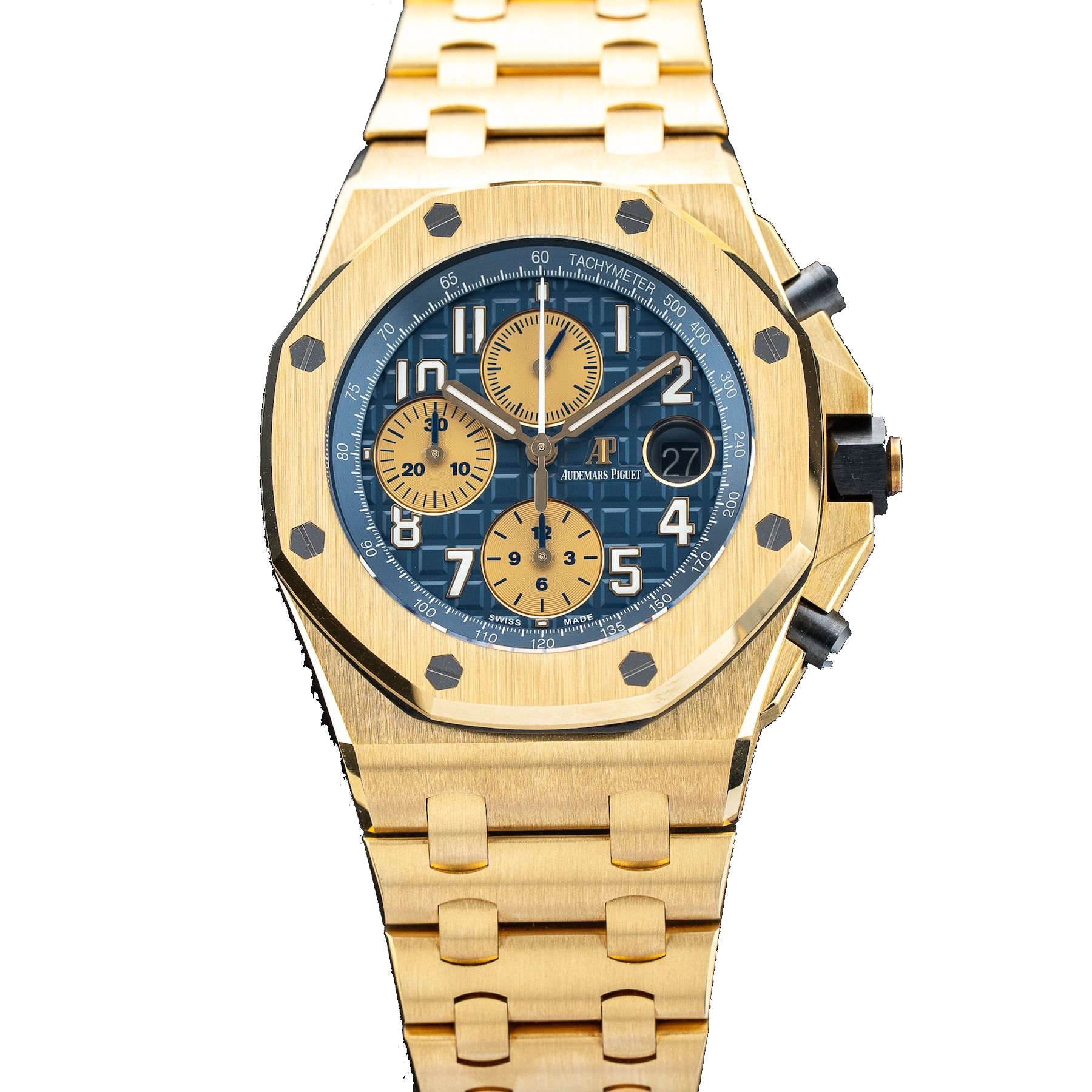 Audemars Piguet Royal Oak Offshore Chronograph 42mm – Yellow Gold – Blue Méga Tapisserie Dial – Screw-Locked Bezel – Yellow Gold Bracelet – 26470BA.OO.1000BA.01 – 2018