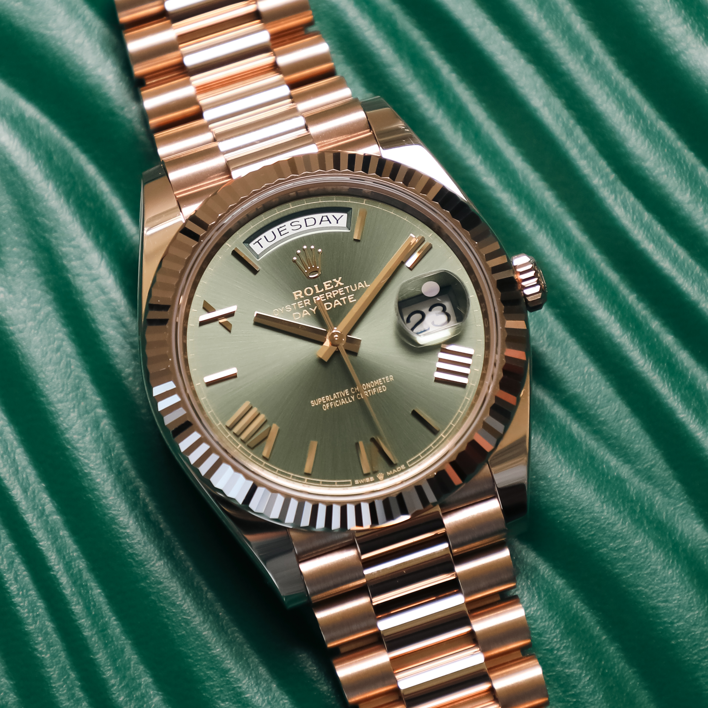 Rolex Day-Date 40mm - Everose Gold - Slate/Olive Green Roman Dial - Fluted Bezel - Presidential Bracelet - 228235 - 2025