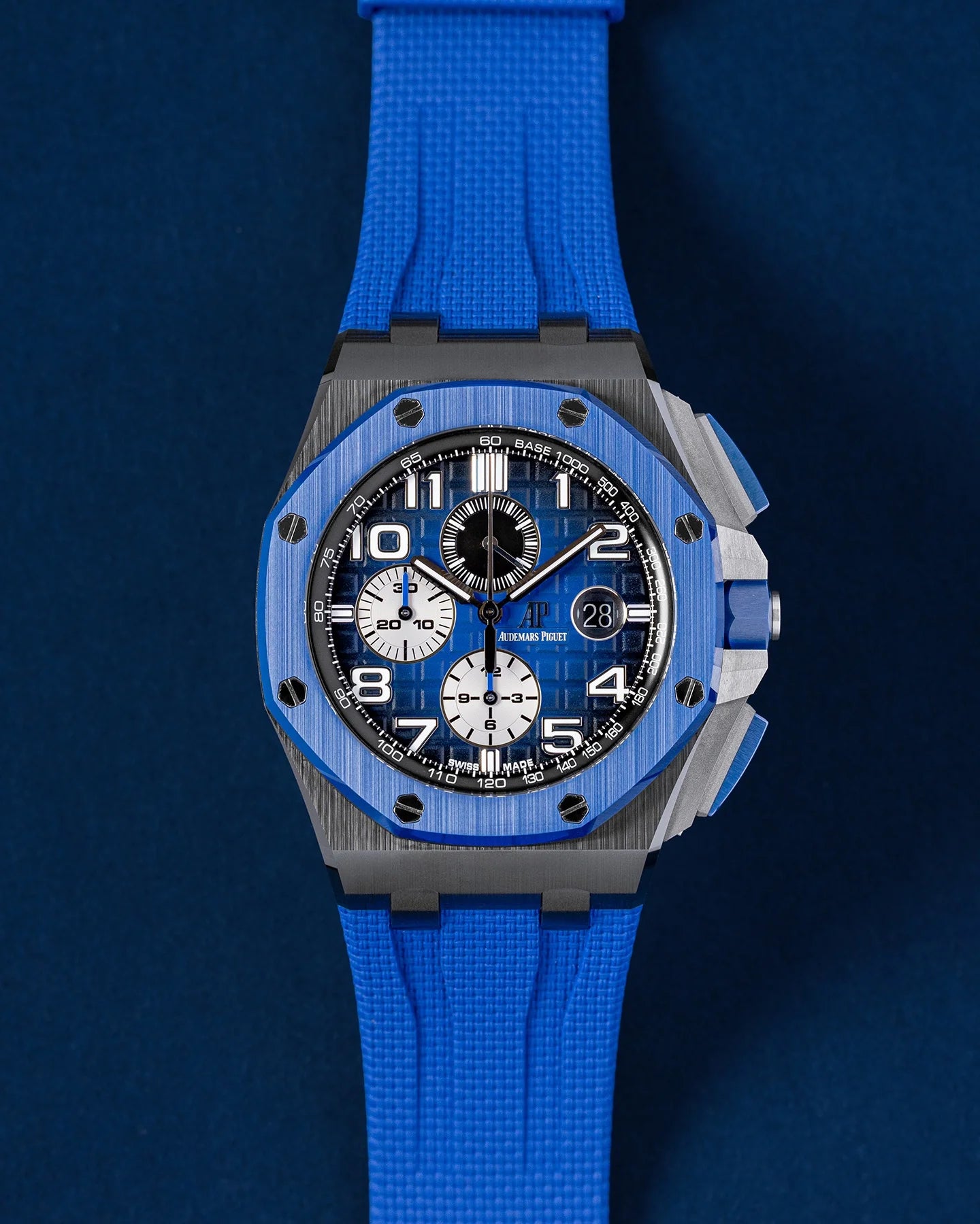 Audemars Piguet Royal Oak Offshore Chronograph 44mm – Black Ceramic – Blue Méga Tapisserie Dial – Blue Ceramic Bezel – Blue Rubber Strap – 26405CE.OO.A030CA.01 – 2023