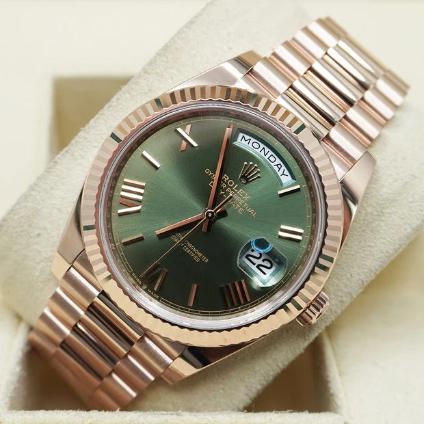 Rolex Day-Date 40mm - Everose Gold - Slate/Olive Green Roman Dial - Fluted Bezel - Presidential Bracelet - 228235 - 2025