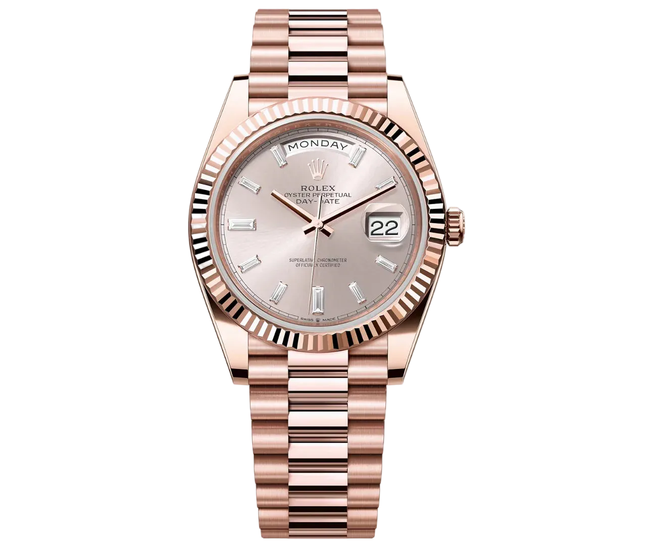 Rolex Day-Date 40mm - Everose Gold - Sundust Diamond Dial - Fluted Bezel - Presidential Bracelet - 228235 - 2024