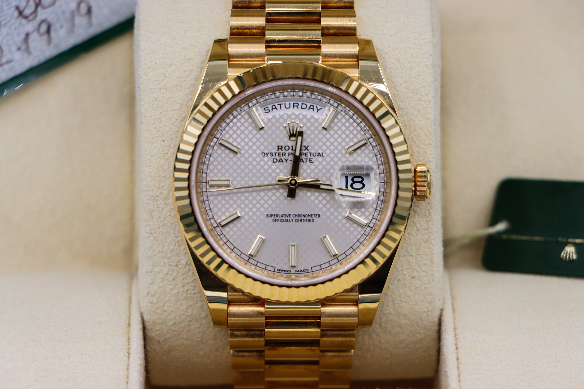 Rolex | Day-Date White Motif Dial | 228238 Close Up in Box