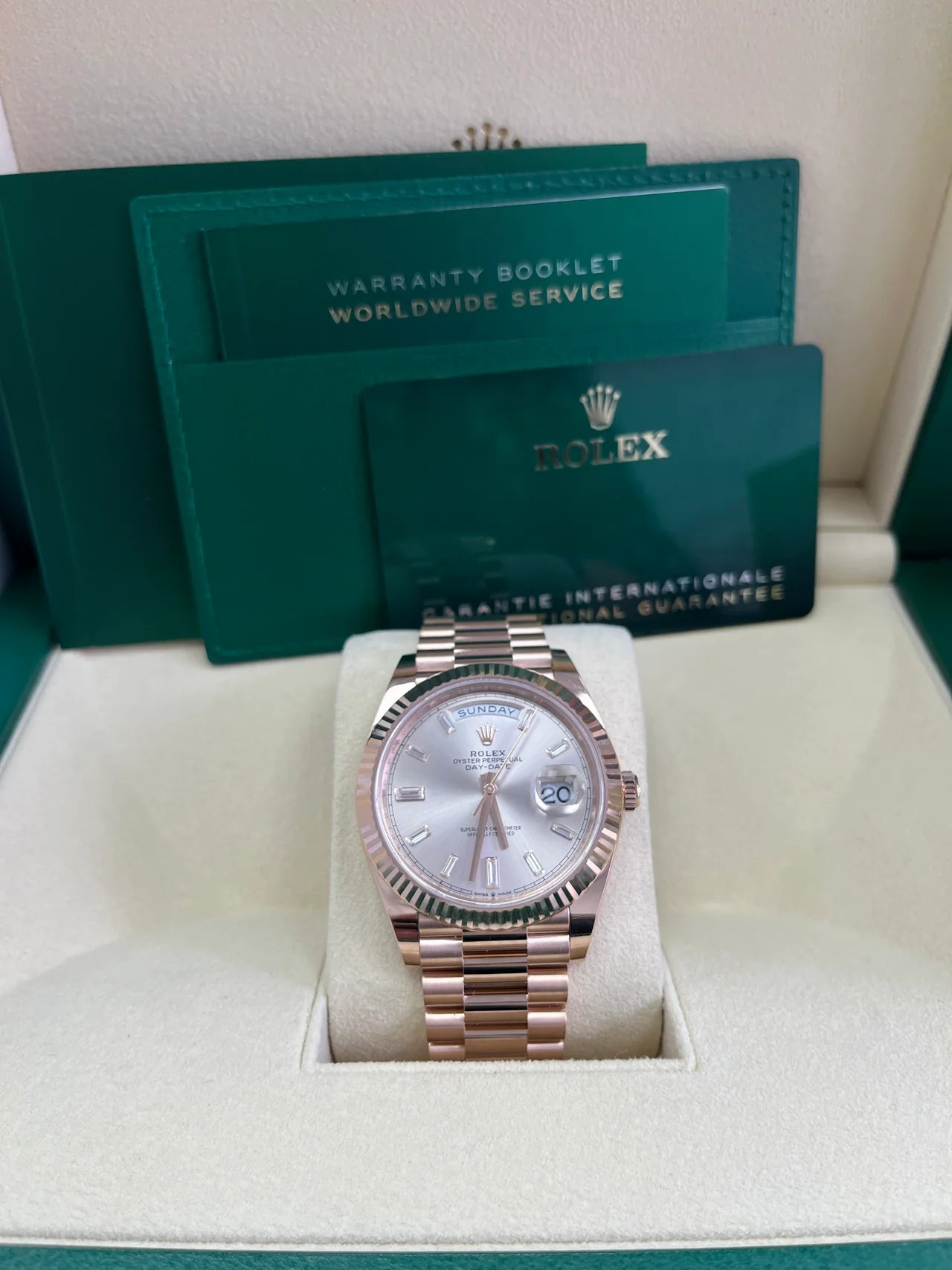 Rolex Day-Date 40mm - Everose Gold - Sundust Diamond Dial - Fluted Bezel - Presidential Bracelet - 228235 - 2024