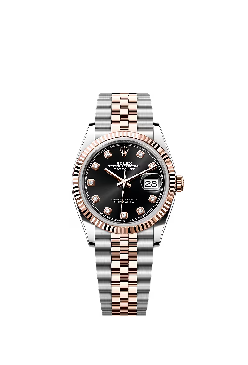 Rolex Datejust 36mm – Two‑Tone Everose Gold & Oystersteel – Black Diamond Dial – Fluted Bezel – Jubilee Bracelet – 126231 – 2024