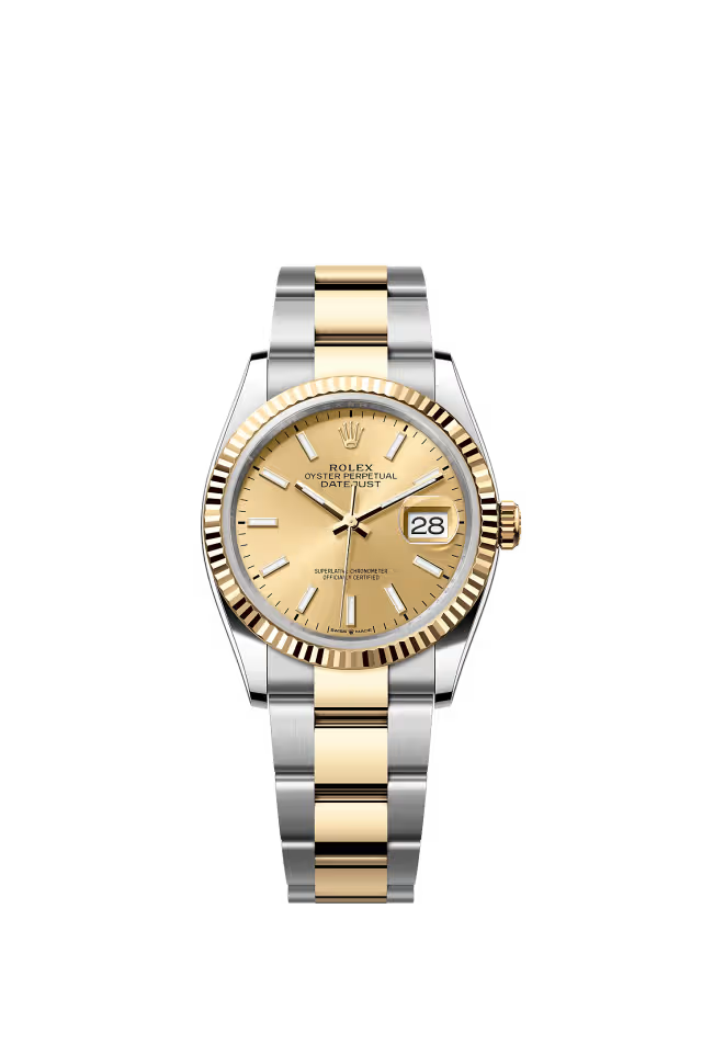 Rolex Datejust 36mm – Two‑Tone Yellow Gold & Stainless Steel – Champagne Dial – Fluted Bezel – Oyster Bracelet – 126233