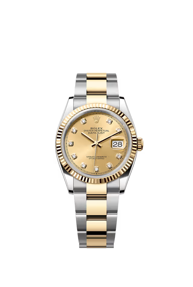 Rolex Datejust 36mm – Two‑Tone Yellow Gold & Stainless Steel – Champagne Diamond Dial – Fluted Bezel – Oyster Bracelet – 126233