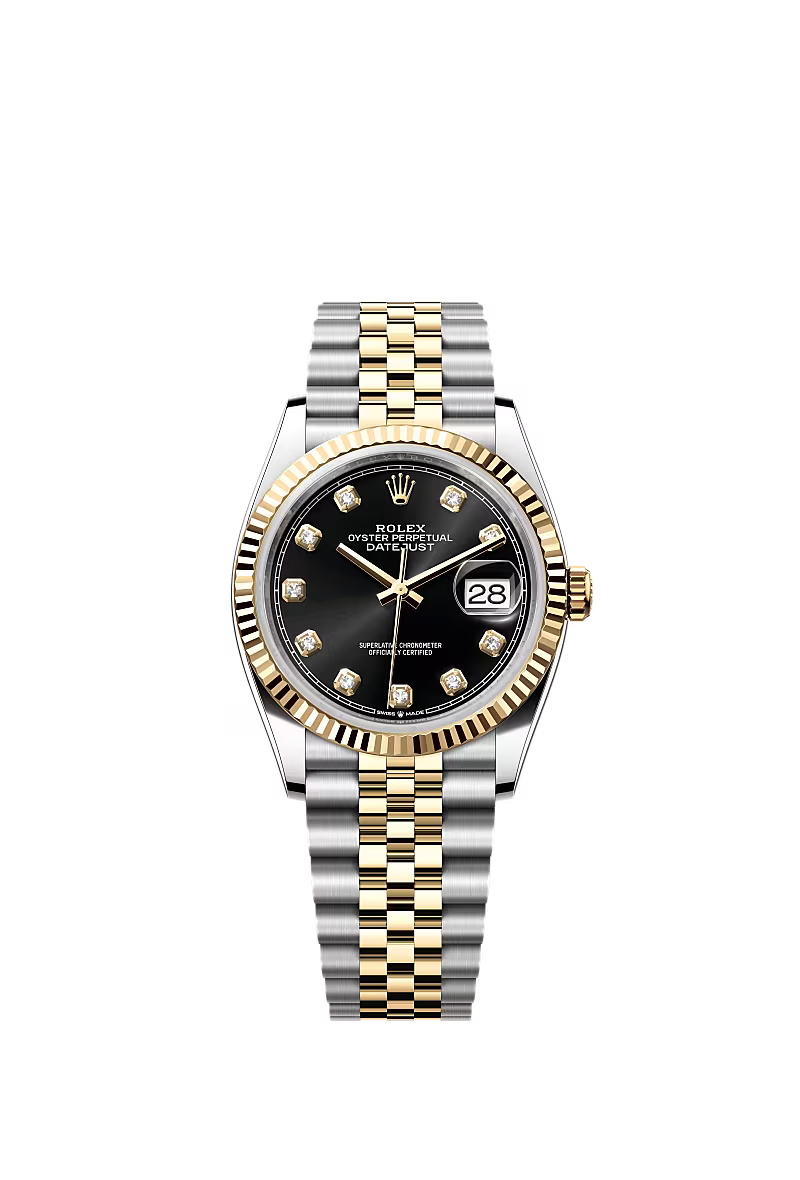 Rolex Datejust 36mm – Two‑Tone Yellow Gold & Oystersteel – Black Diamond Dial – Fluted Bezel – Jubilee Bracelet – 126233 – 2025