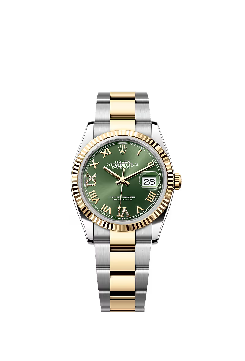 Rolex Datejust 36mm – Two‑Tone Yellow Gold & Oystersteel – Olive Green Dial with Diamond Markers at 6 & 9 – Fluted Bezel – Oyster Bracelet – 126233 – 2024