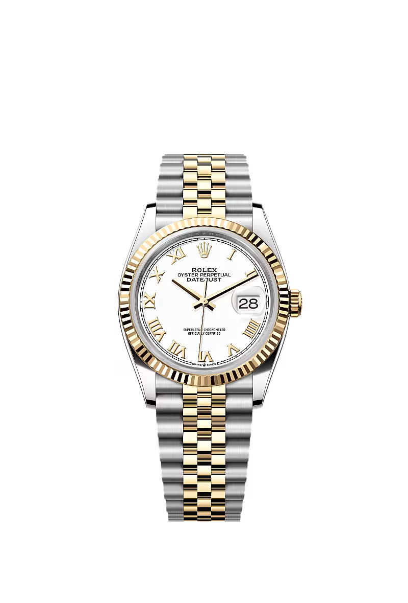 Rolex Datejust 36mm – Two‑Tone Yellow Gold & Oystersteel – White Roman Dial – Fluted Bezel – Oyster Bracelet – 126233 – 2025