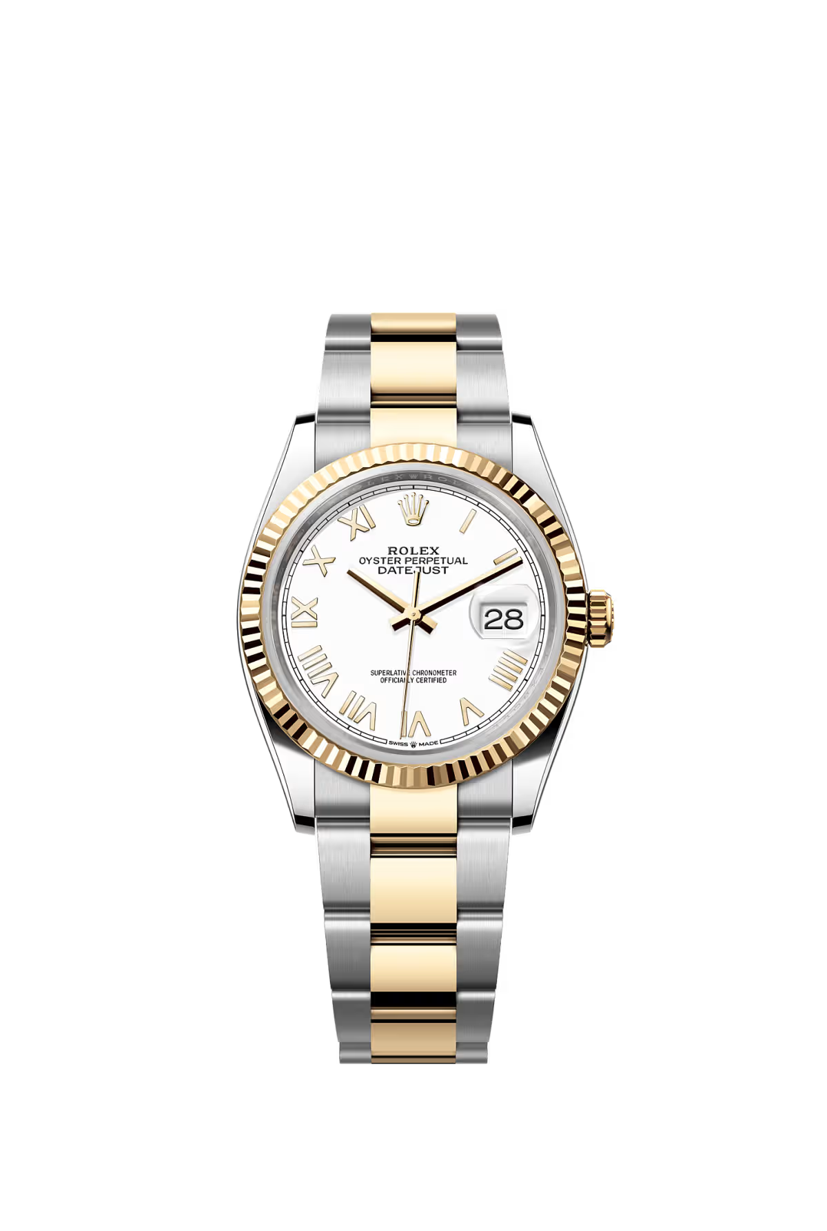 Rolex Datejust 36mm – Two‑Tone Yellow Gold & Stainless Steel – White Roman Dial – Fluted Bezel – Oyster Bracelet – 126233
