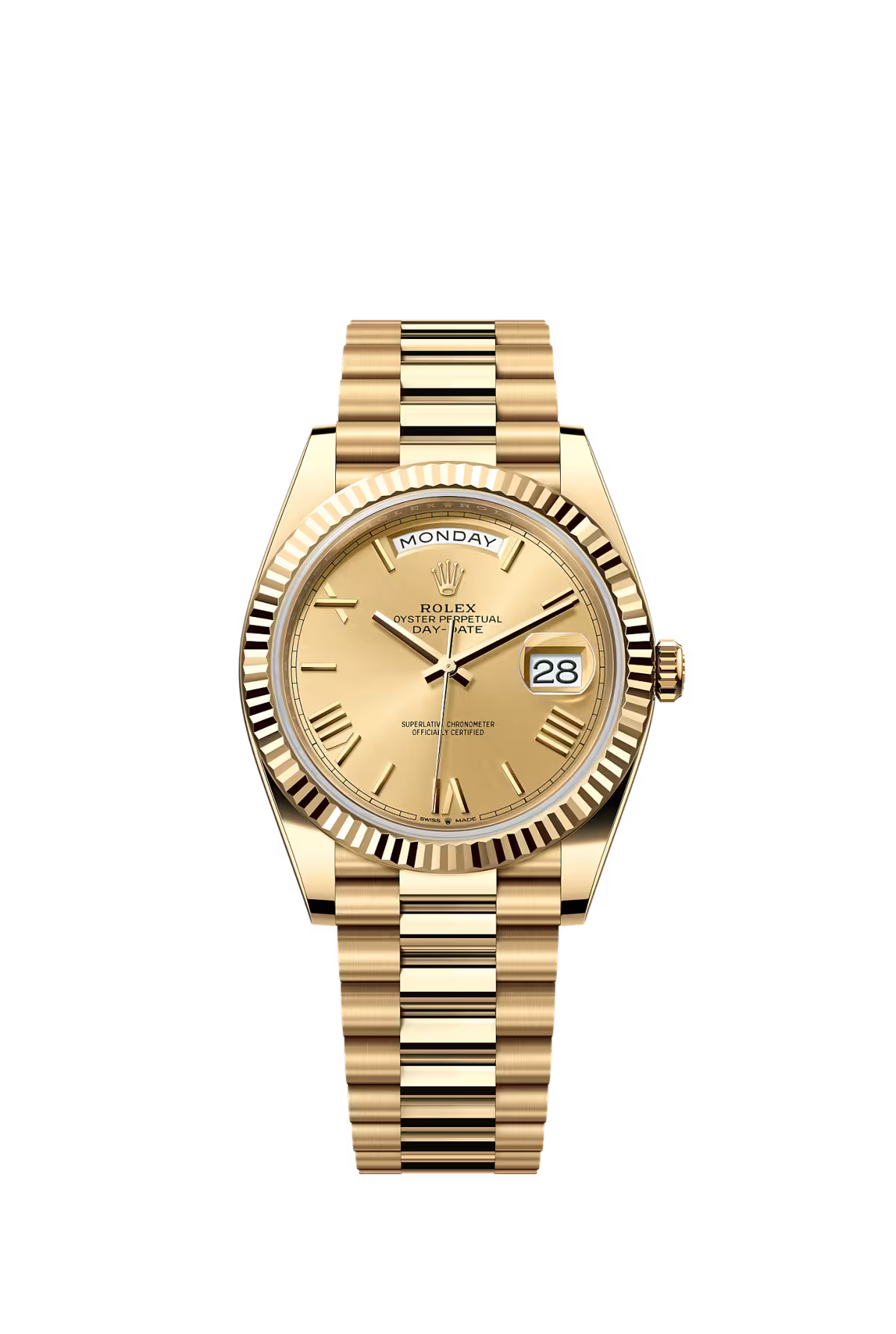 Rolex Day-Date 40mm – Yellow Gold – Champagne Roman Dial – Fluted Bezel – President Bracelet – 228238
