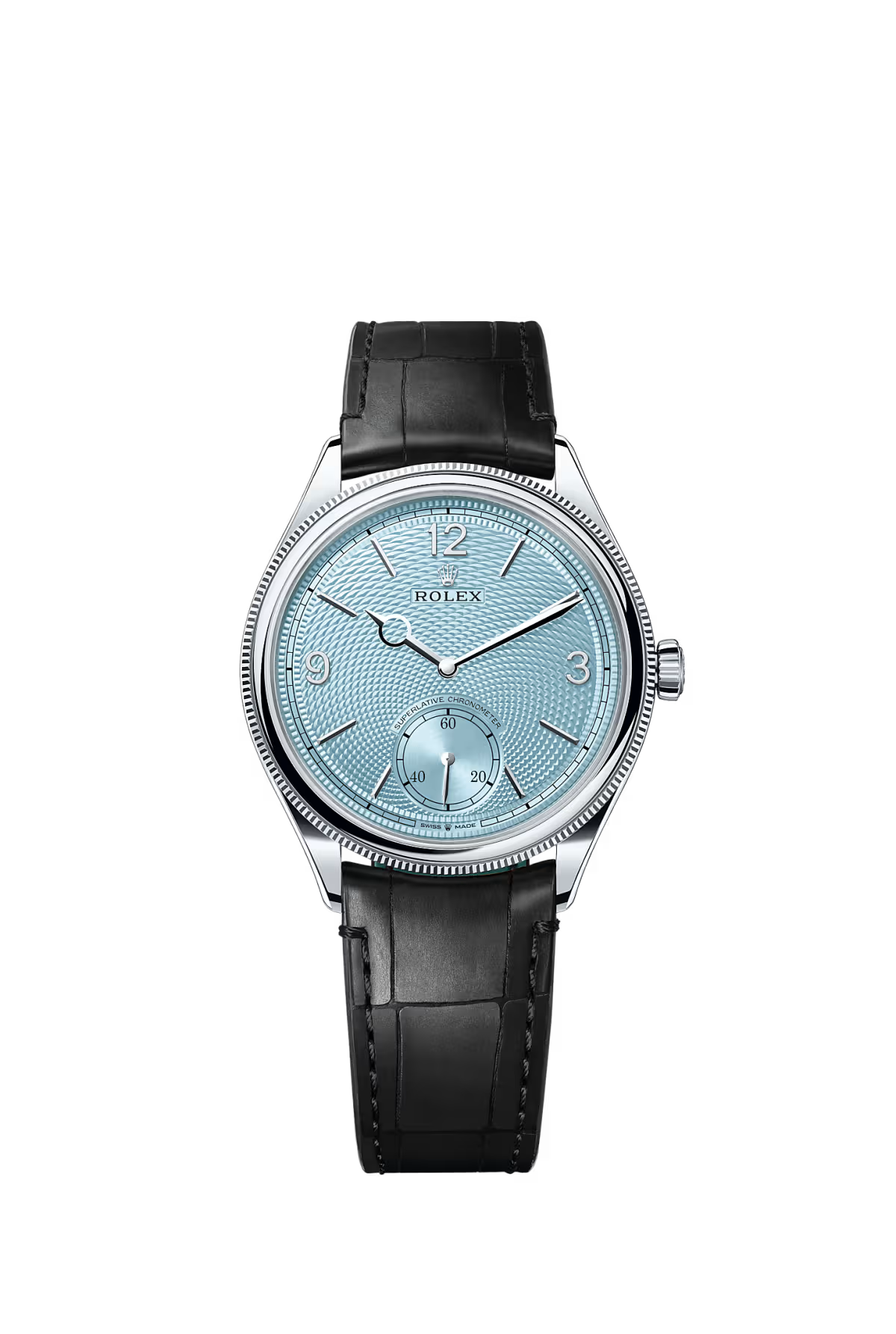 Rolex 1908 39mm – Platinum – Ice Blue Dial – Domed & Fluted Bezel – Black Leather Strap – 52506