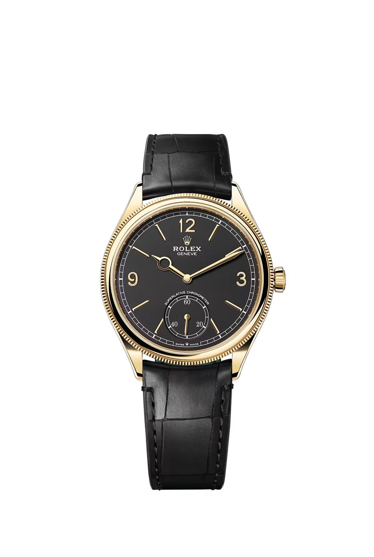 Rolex 1908 39mm – Yellow Gold – Domed & Fluted Bezel – Black Dial – Leather Bracelet – 52508
