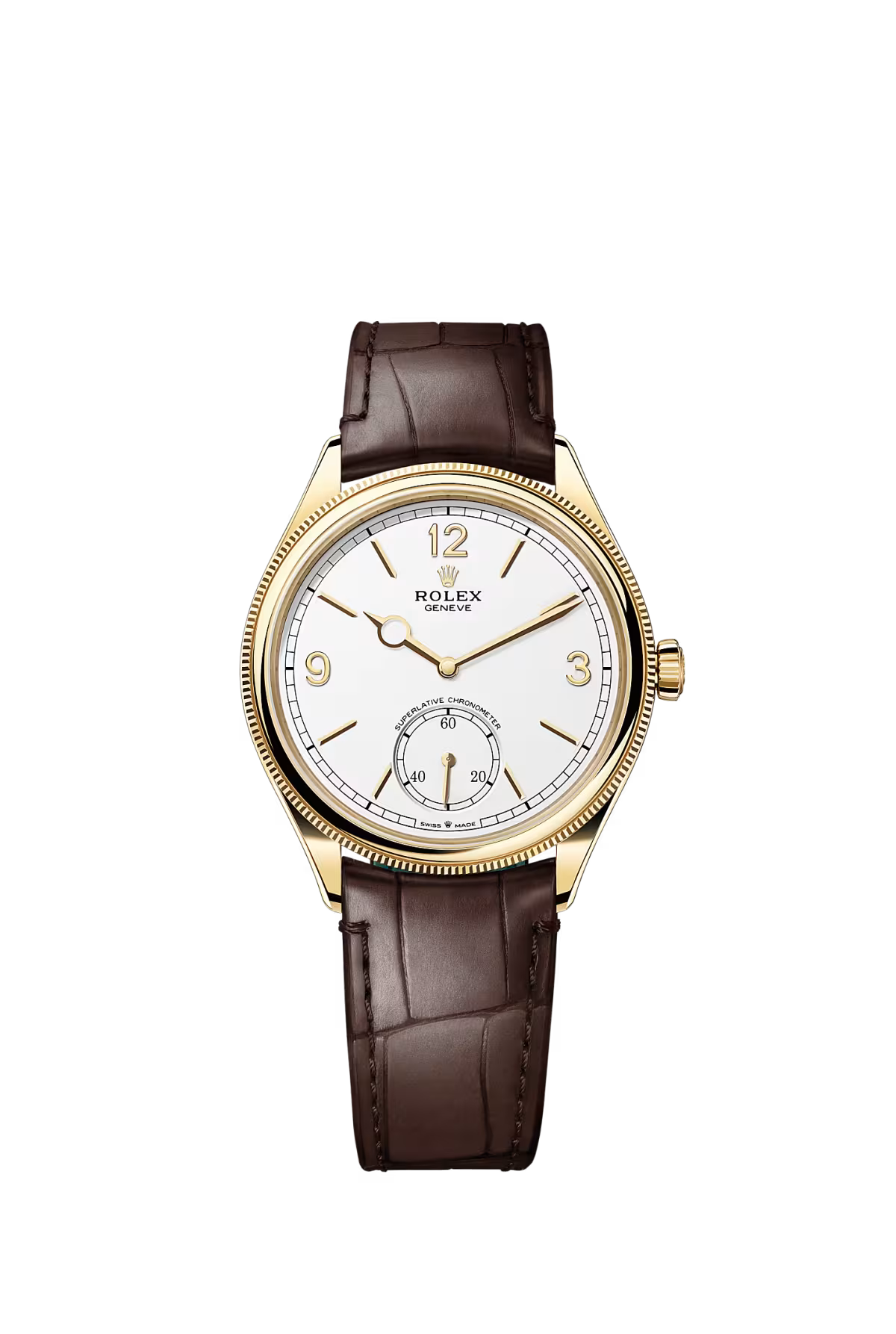 Rolex 1908 39mm – Yellow Gold – Domed Bezel – White Dial – Leather Bracelet – 52508