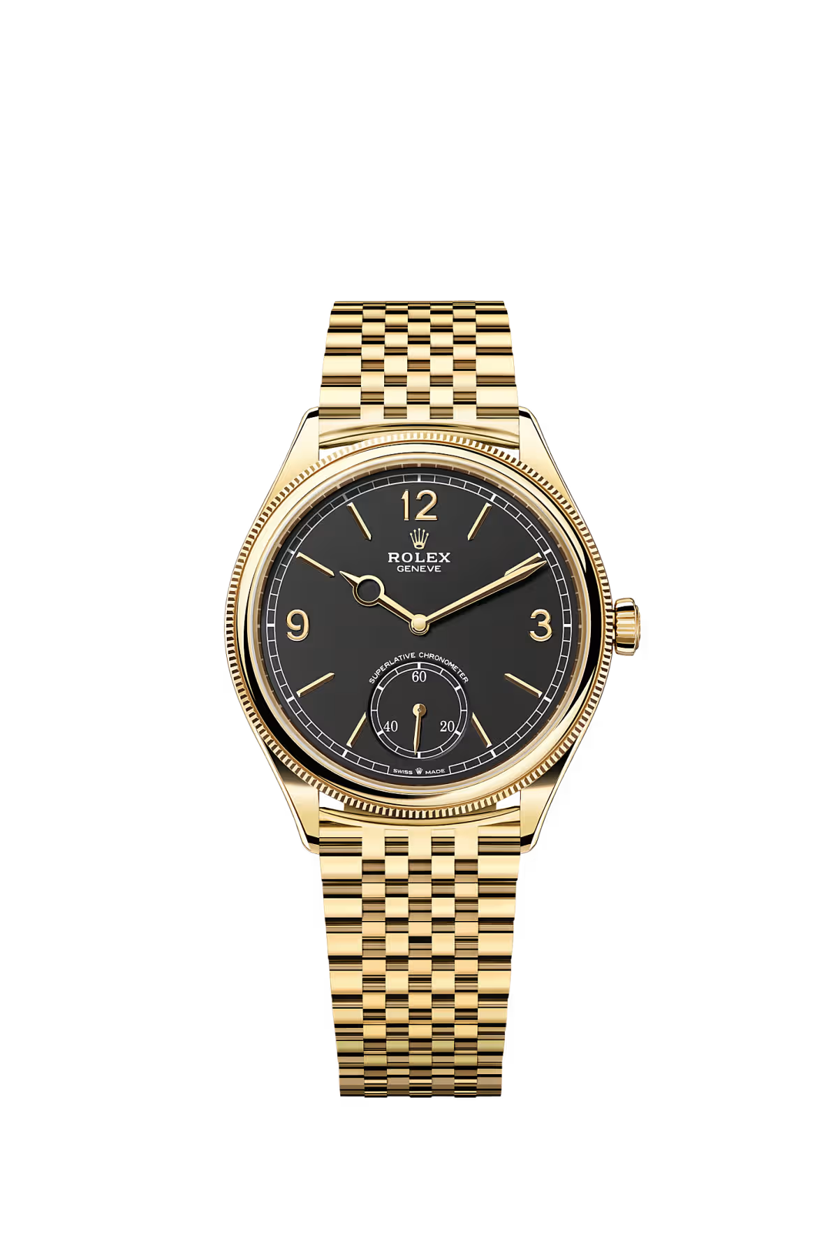Rolex 1908 39mm – Yellow Gold – Domed & Fluted Bezel – Black Dial – Yellow Gold Bracelet – 52508
