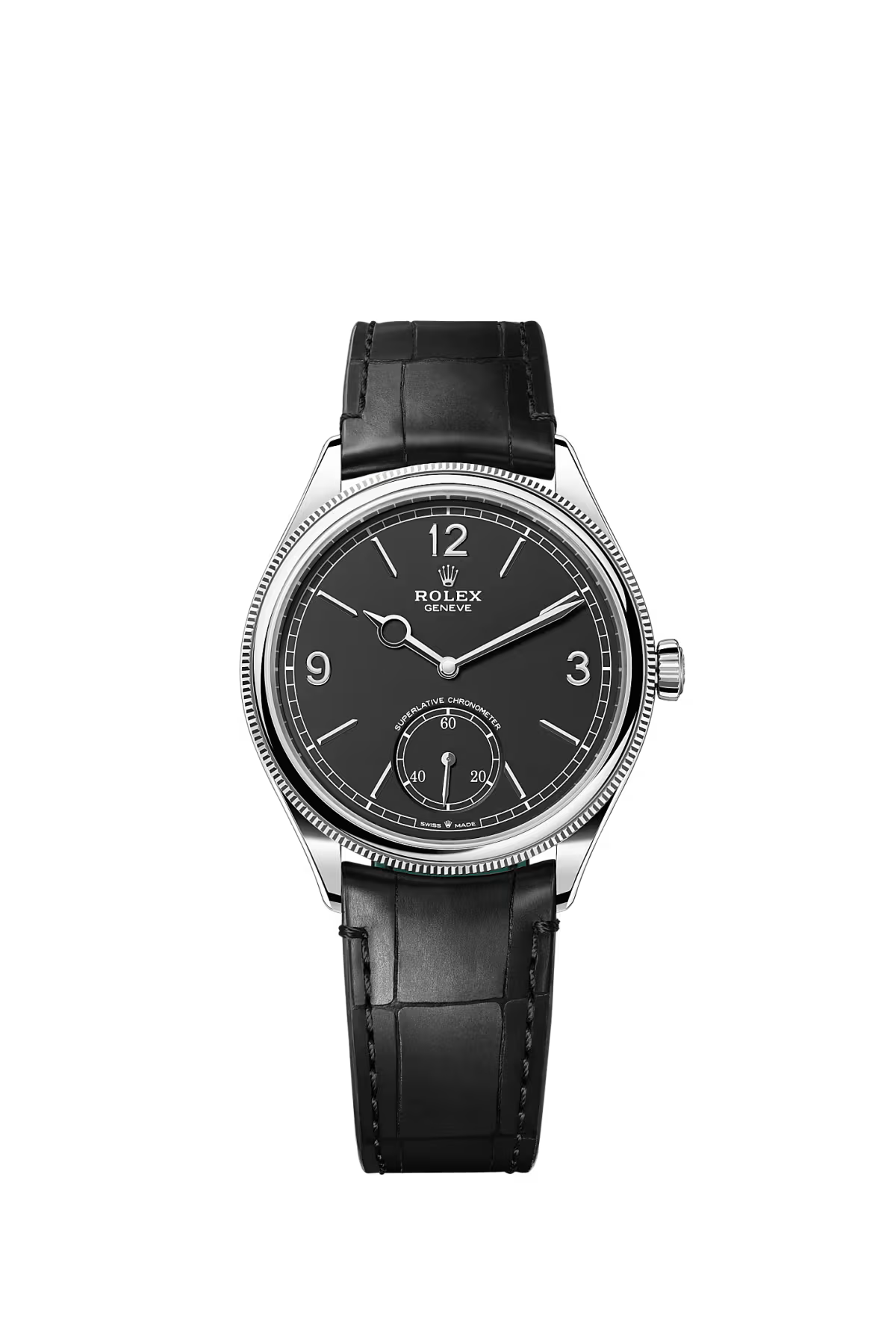 Rolex 1908 39mm – White Gold – Domed & Fluted Bezel – Intense Black Dial – Leather Bracelet – 52509