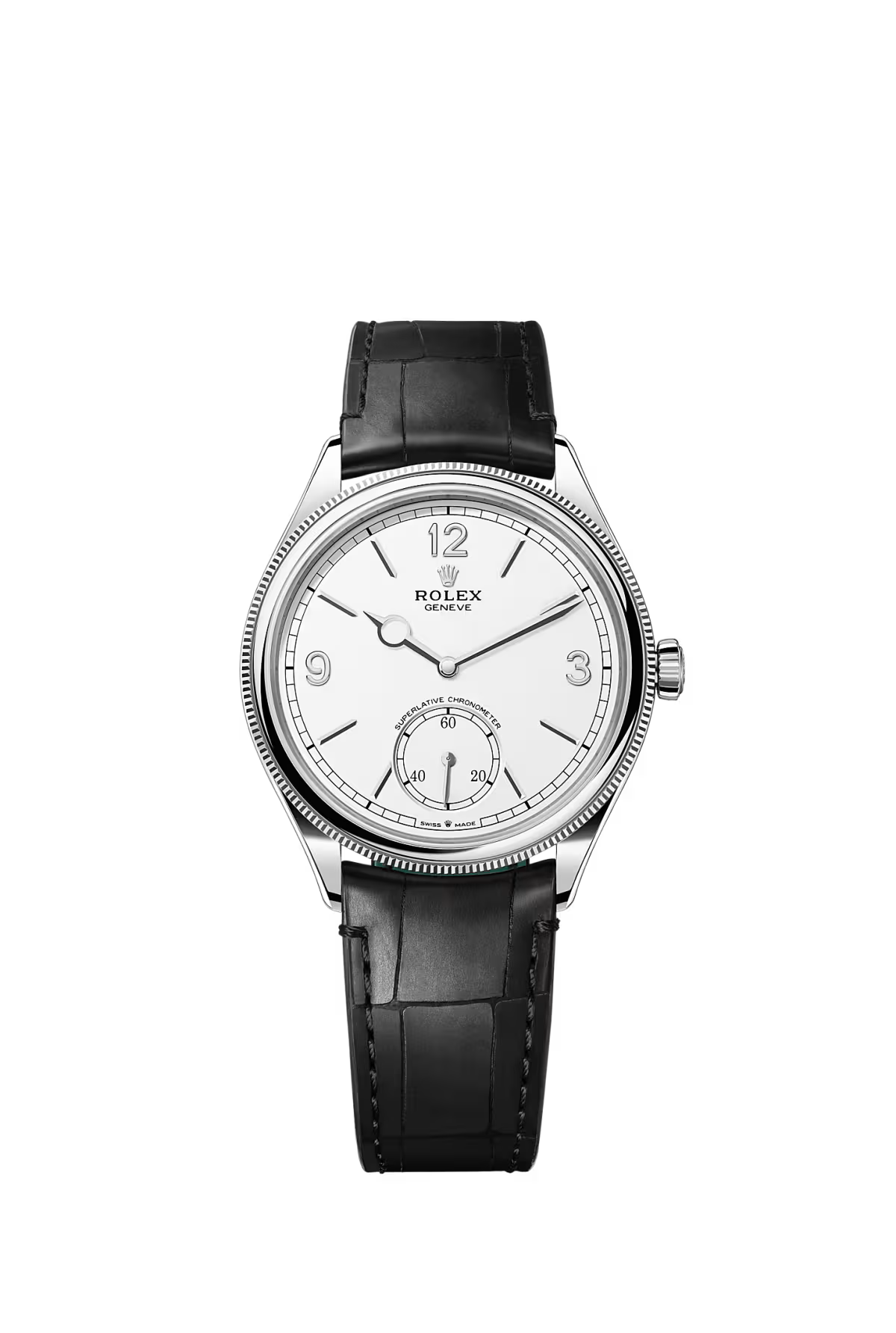 Rolex 1908 39mm – White Gold – Domed & Fluted Bezel – Intense White Dial – Leather Bracelet – 52509