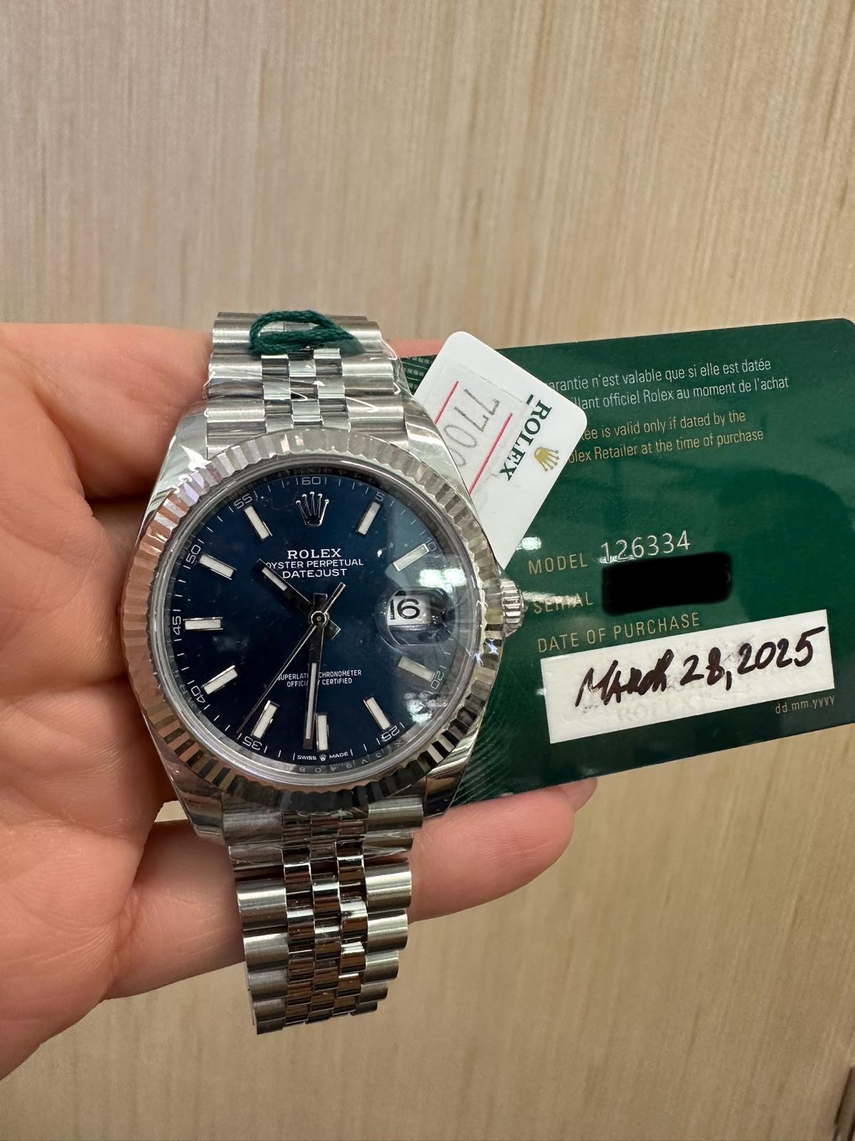 Rolex Datejust 41mm – White Gold Rolesor Case & Stainless Steel Bracelet – Blue Dial – Fluted Bezel – Jubilee Bracelet – 126334 – 2025