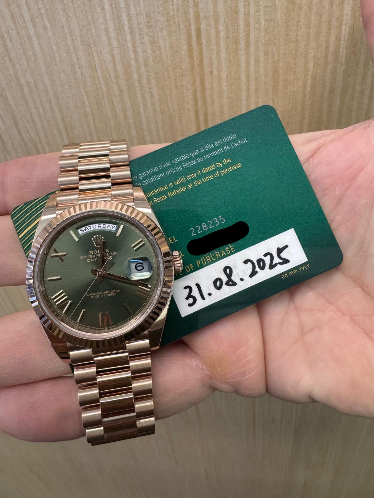 Rolex Day-Date 40mm - Everose Gold - Slate/Olive Green Roman Dial - Fluted Bezel - Presidential Bracelet - 228235 - 2025