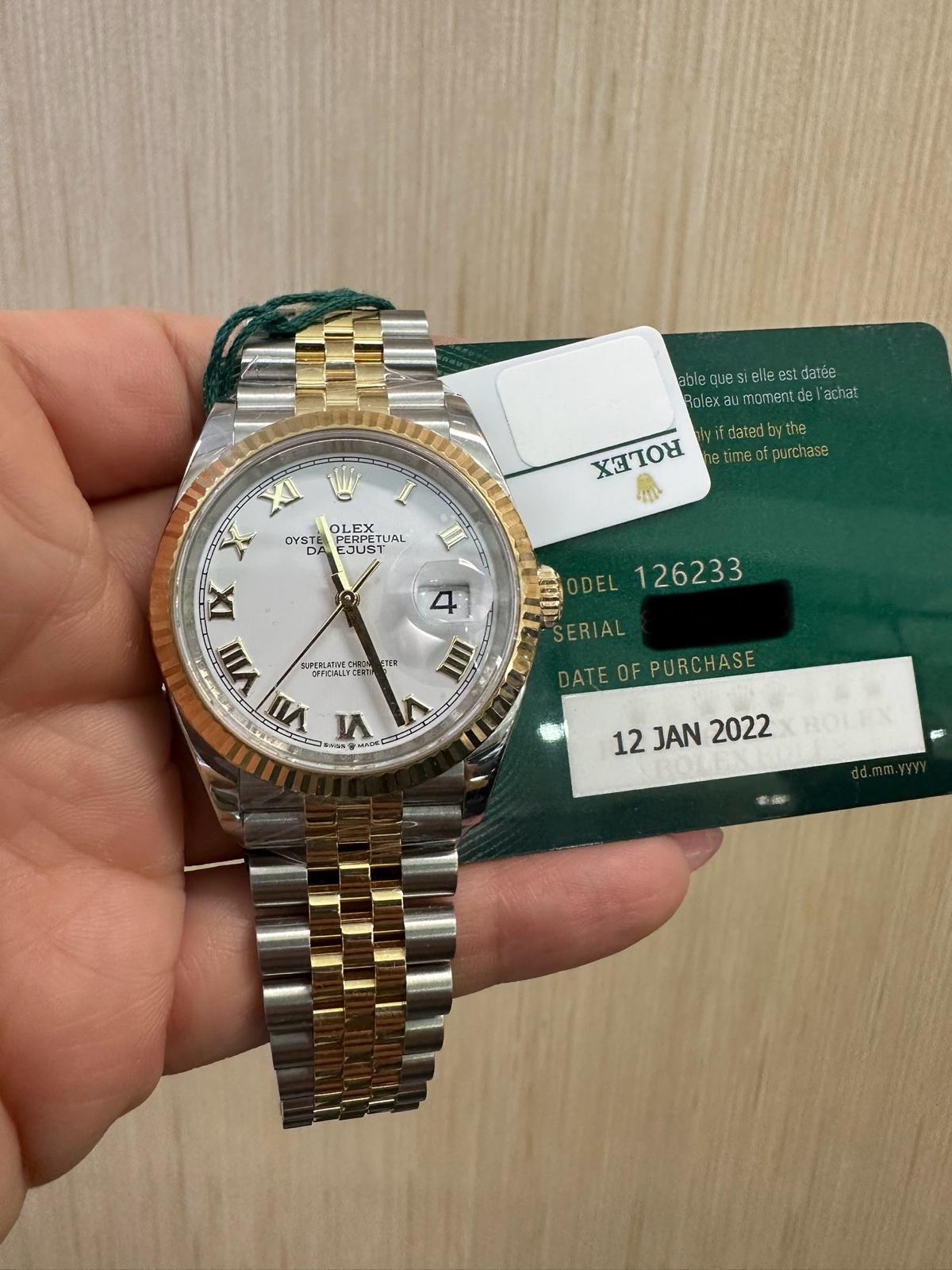 Rolex Datejust 36mm – Two‑Tone Yellow Gold & Oystersteel – White Roman Dial – Fluted Bezel – Jubilee Bracelet – 126233 – 2022