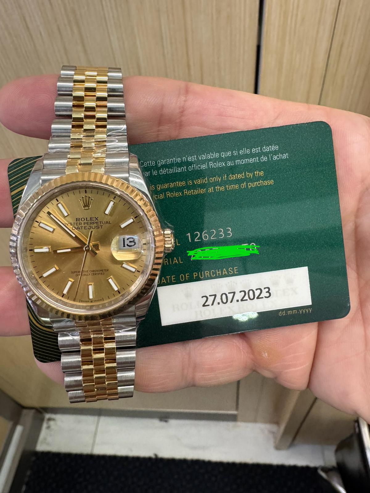 Rolex Datejust 36mm – Two‑Tone Yellow Gold & Oystersteel – Champagne Dial – Fluted Bezel – Jubilee Bracelet – 126233 – 2023