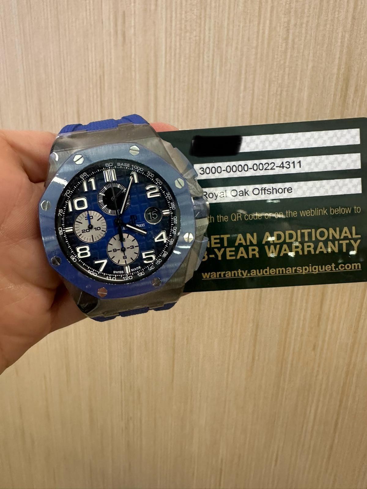 Audemars Piguet Royal Oak Offshore Chronograph 44mm – Black Ceramic – Blue Méga Tapisserie Dial – Blue Ceramic Bezel – Blue Rubber Strap – 26405CE.OO.A030CA.01 – 2023