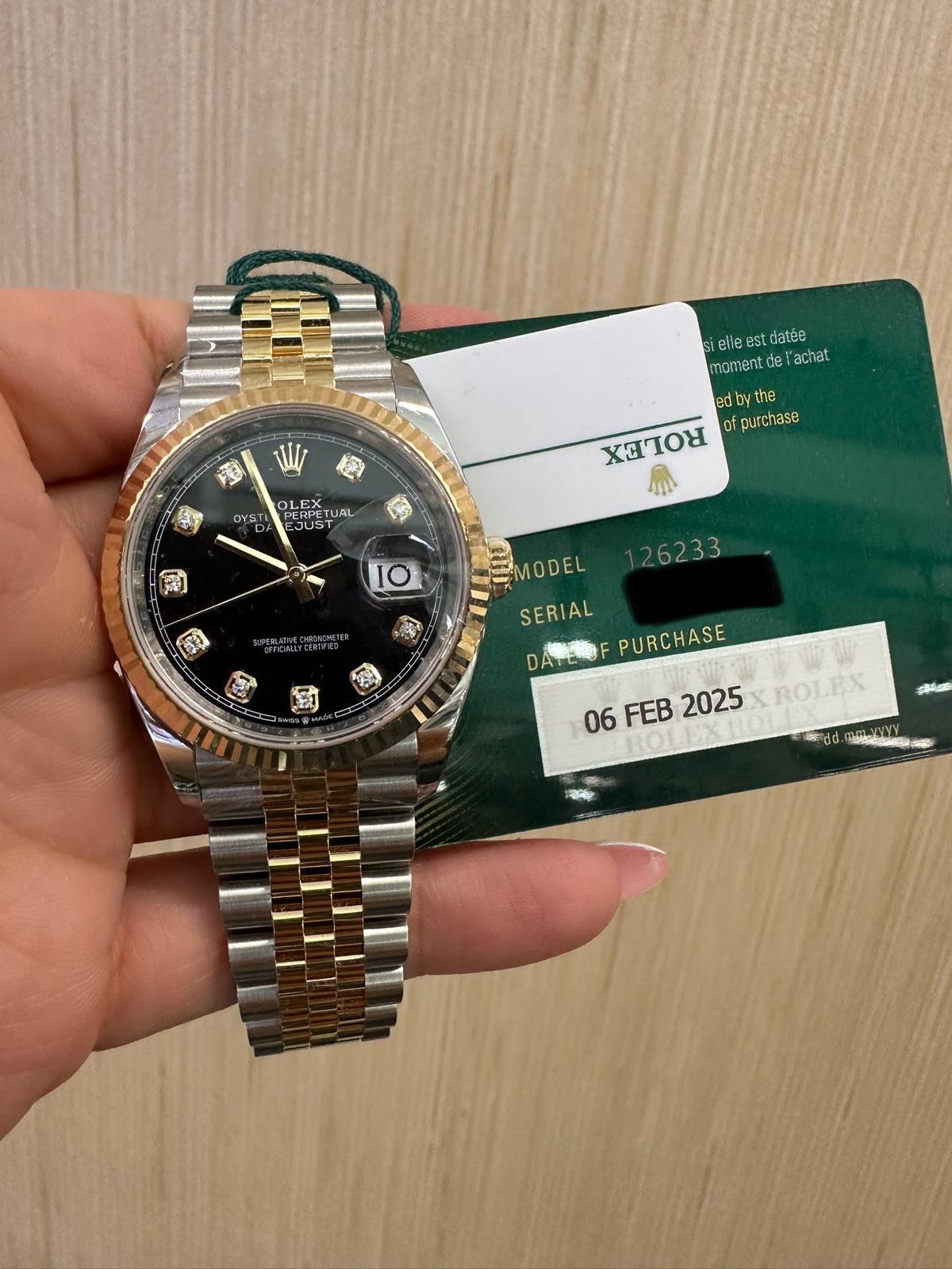 Rolex Datejust 36mm – Two‑Tone Yellow Gold & Oystersteel – Black Diamond Dial – Fluted Bezel – Jubilee Bracelet – 126233 – 2025