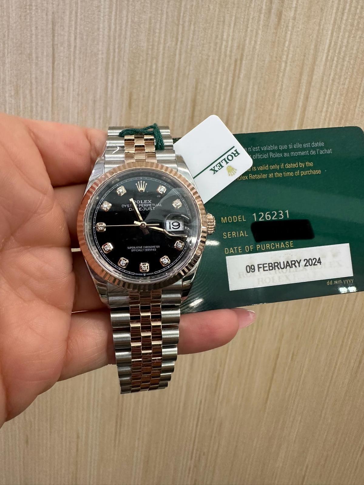 Rolex Datejust 36mm – Two‑Tone Everose Gold & Oystersteel – Black Diamond Dial – Fluted Bezel – Jubilee Bracelet – 126231 – 2024