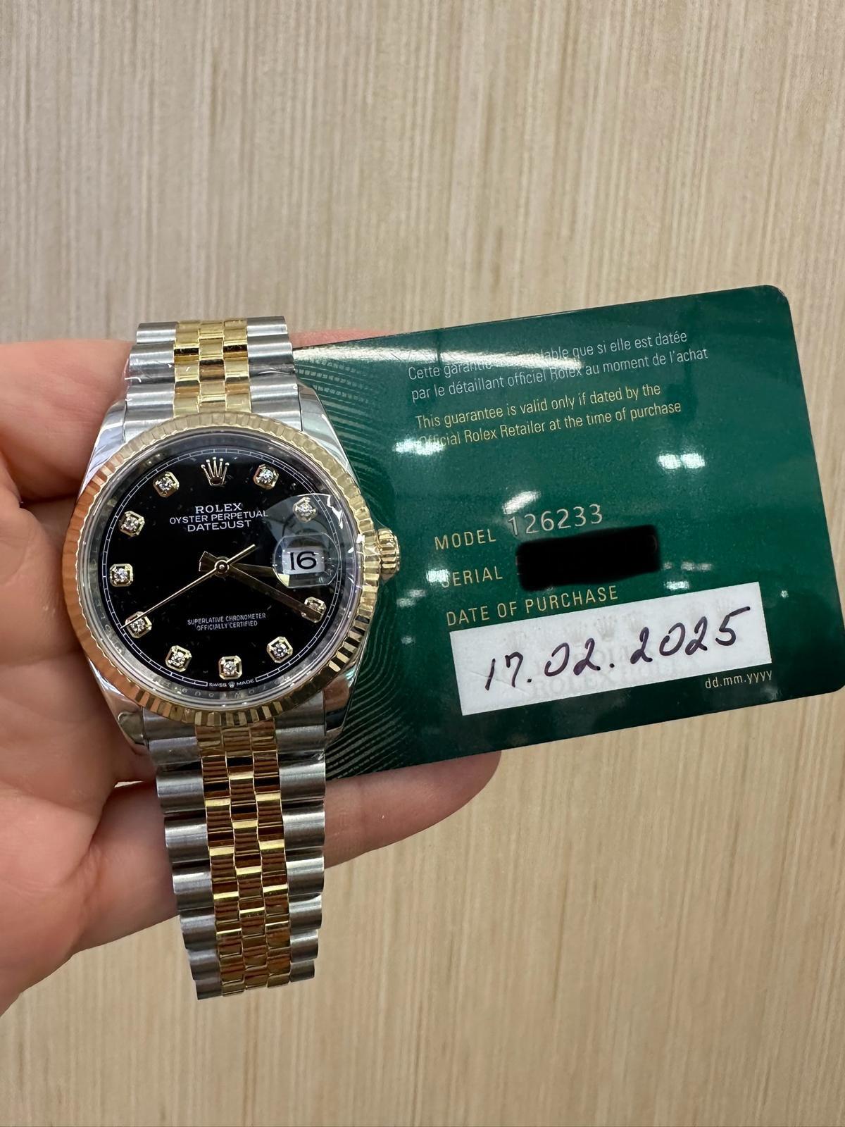 Rolex Datejust 36mm – Two‑Tone Yellow Gold & Oystersteel – Black Diamond Dial – Fluted Bezel – Jubilee Bracelet – 126233 – 2025